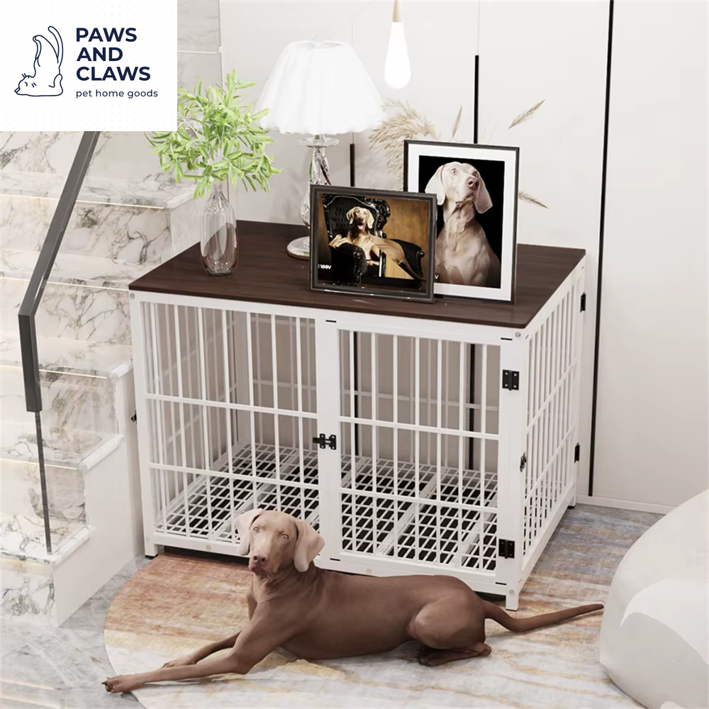 Large Wooden Dog Crate Indoor Furniture Style Elevated Pet Dog Cage Kennel End Table Lattice Playpen with 3 Doors Removable Tray