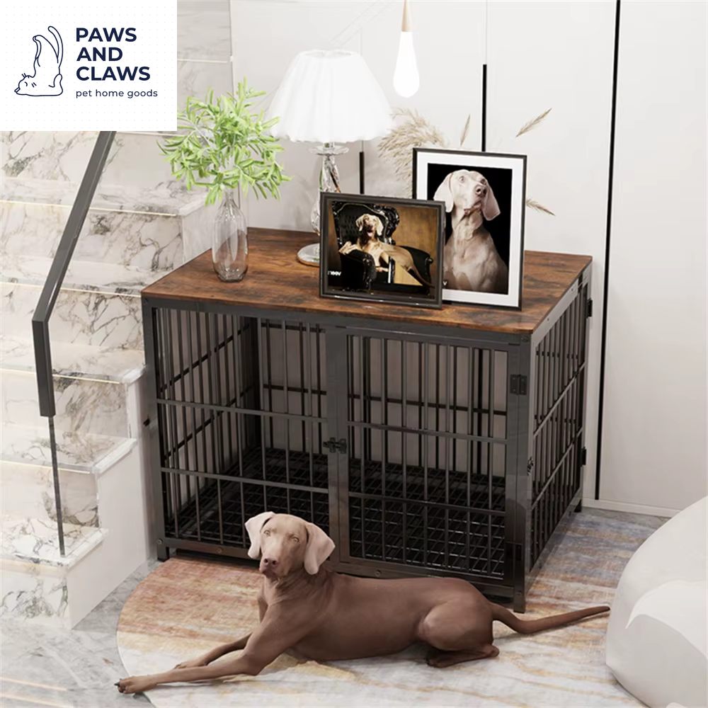 Large Wooden Dog Crate Indoor Furniture Style Elevated Pet Dog Cage Kennel End Table Lattice Playpen with 3 Doors Removable Tray
