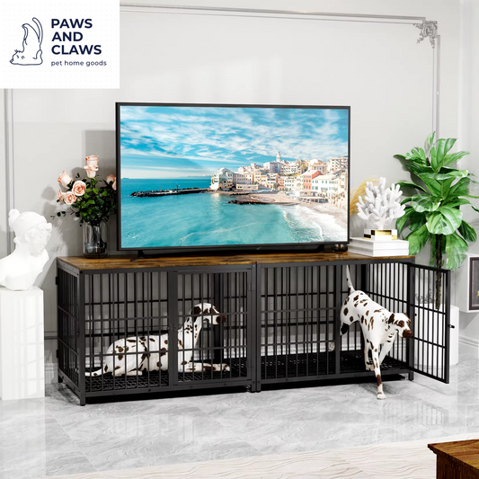 Furniture Style Dog Crate Metal and Wood Pet Kennel End Table with Three Doors and Removable Tray