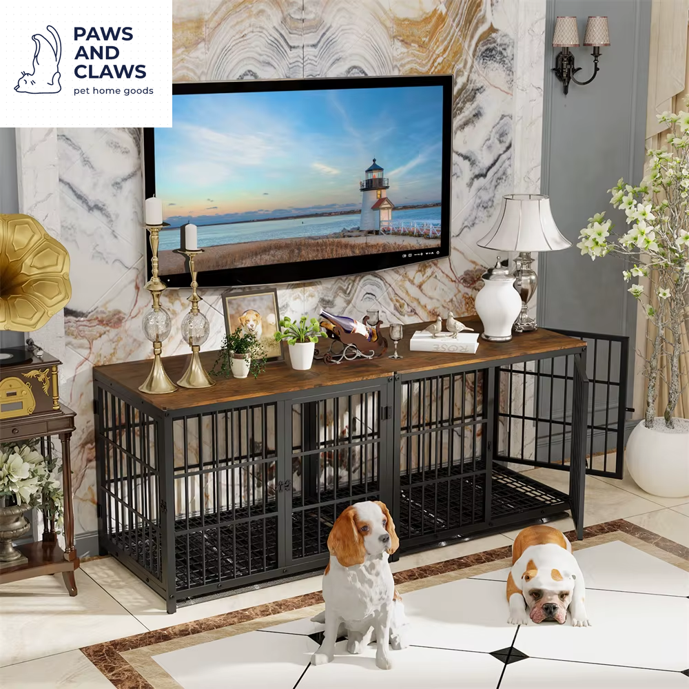Large Wooden Dog Crate Indoor Furniture Style Elevated Pet Dog Cage Kennel End Table Lattice Playpen with 3 Doors Removable Tray