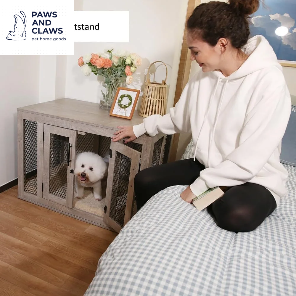 Dog Crate Furniture, Wooden Dog Kennel for Medium Breed, Indoor Decorative Wood Dog Cage, inside Side End Table Crate with Remo
