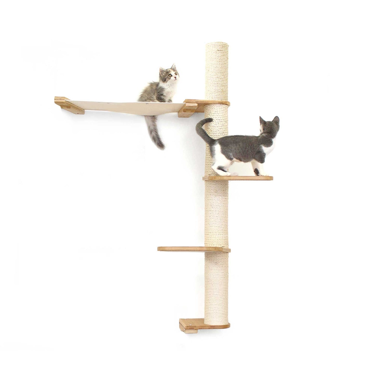 Vertical cat tree wall with natural bamboo vertical scratching pole and three-tier beige canvas perches.