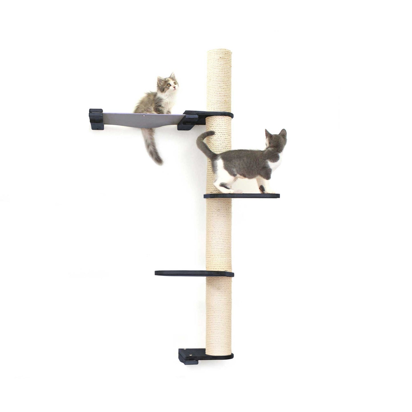 Tall cat perch with beige vertical scratching pole and black canvas tiers, part of cat tree wall design.