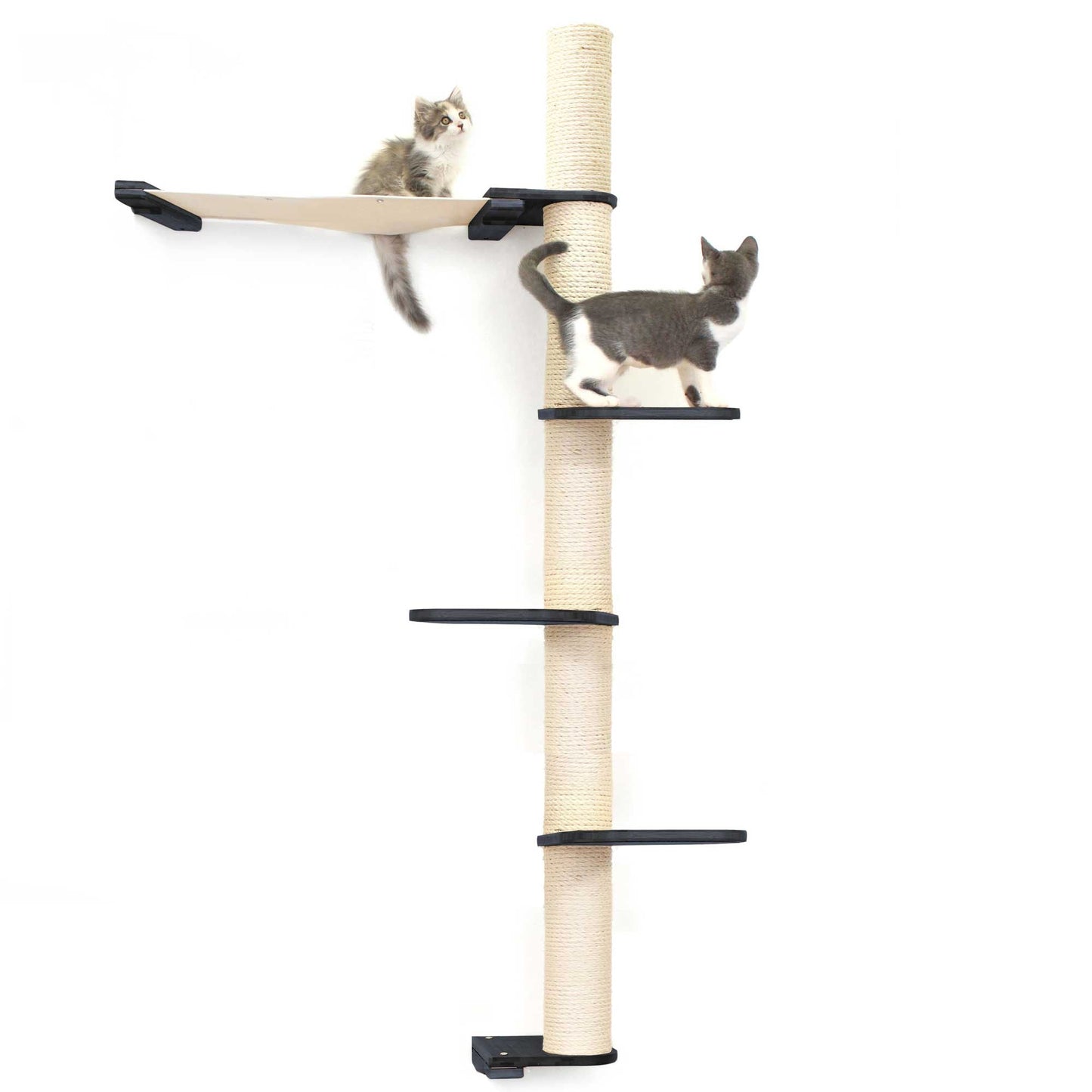 Tall Onyx Bamboo cat tree wall with vertical scratching pole and summit hammock in natural canvas.
