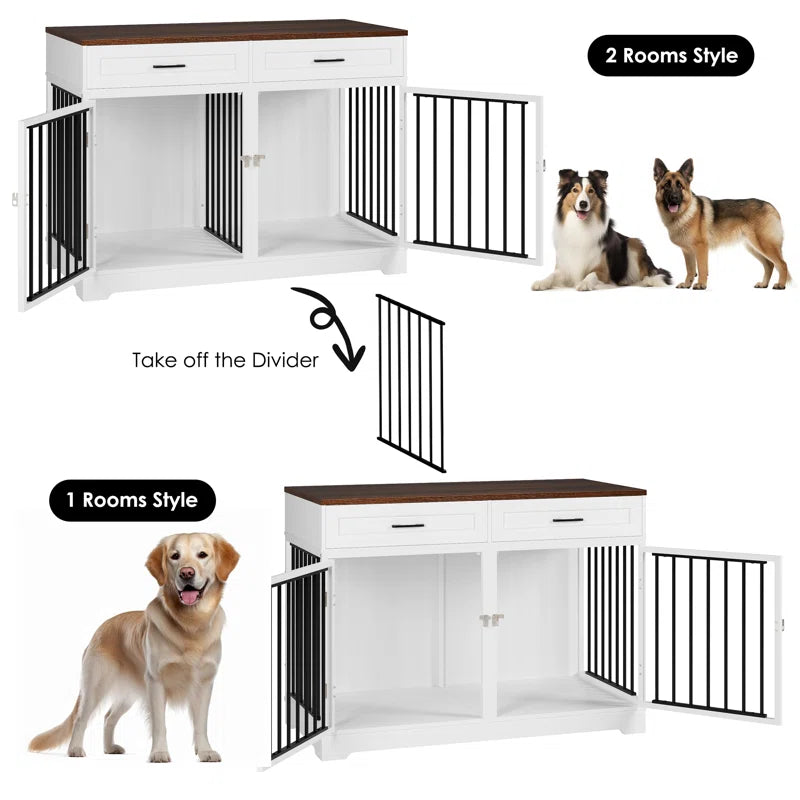 White and walnut dog crate furniture with removable divider, storage drawers, and open metal doors for dog crate TV stand.