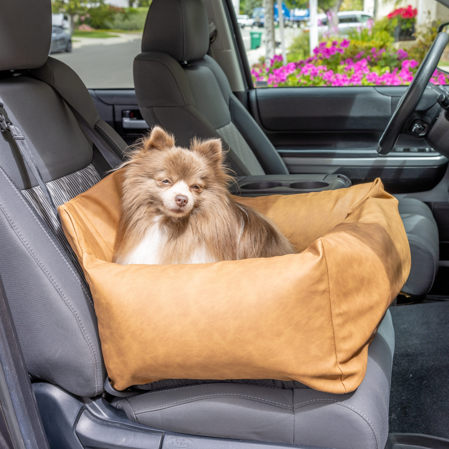 Faux Leather Memory Foam Dog Car Bed - Camel