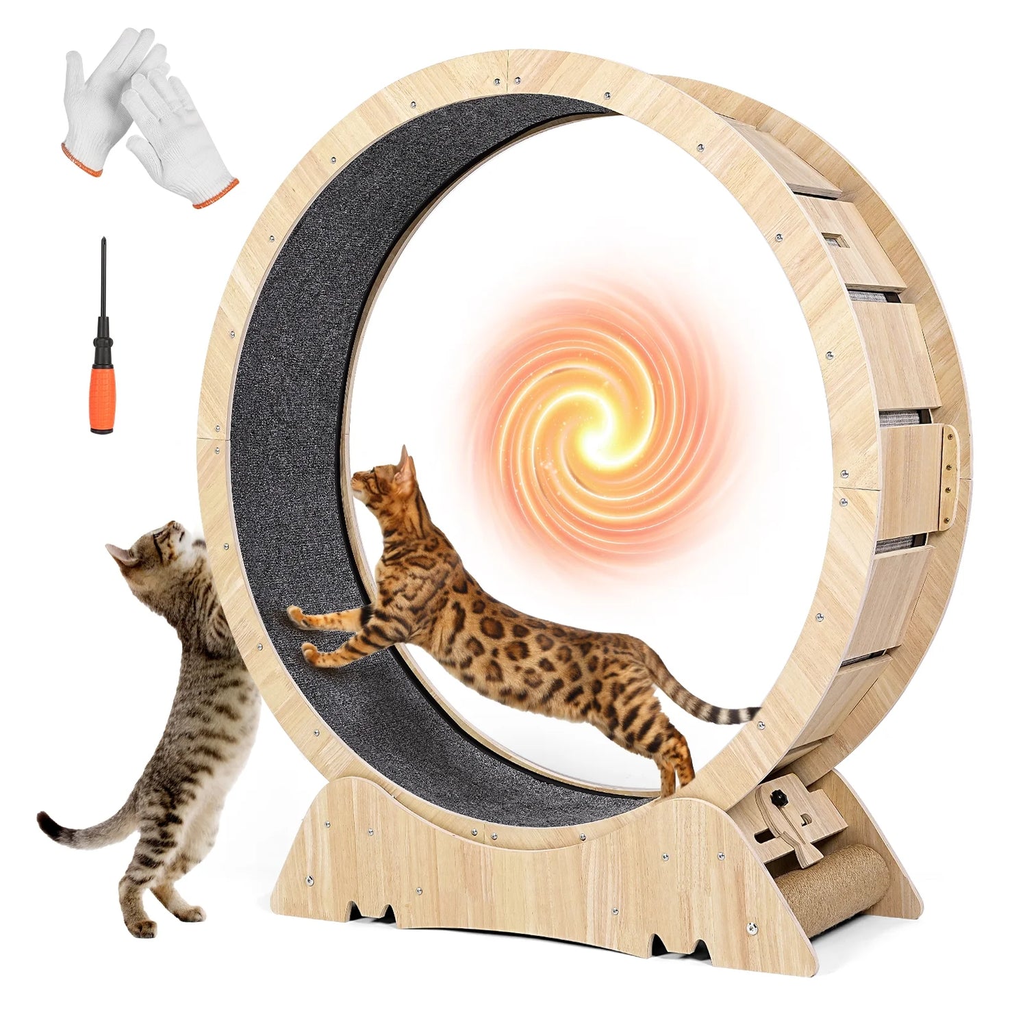 Wooden cat treadmill wheel with textured running surface, suitable for cat tree wall or dog crate furniture use.