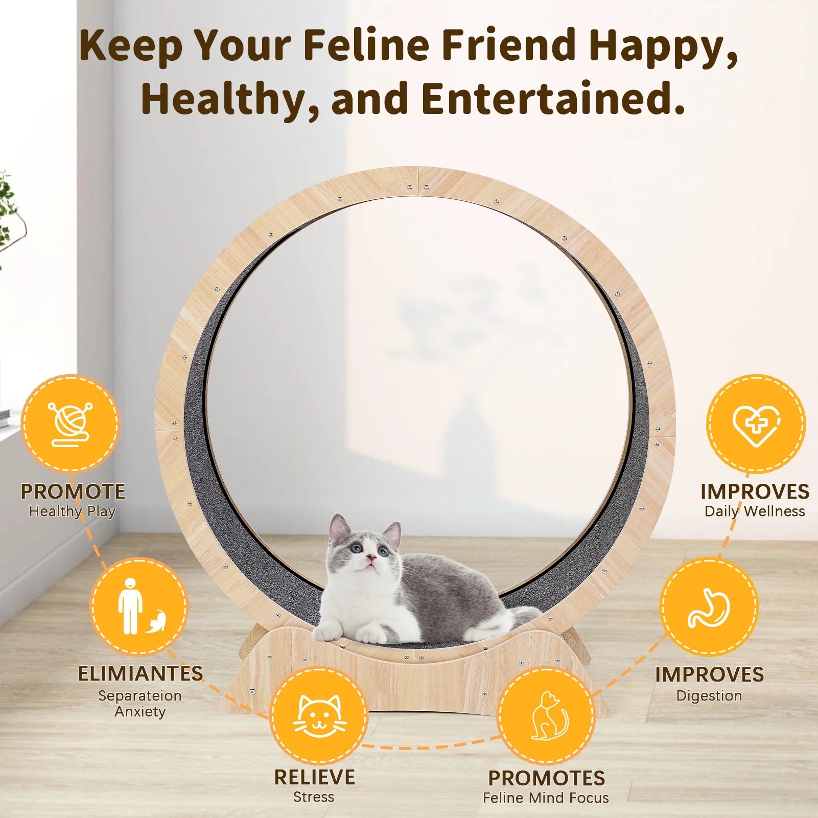 Wooden cat treadmill wheel with non-slip running surface, part of dog crate furniture and cat tree wall setup.