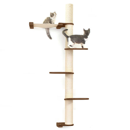 Tall cat perch with natural bamboo vertical scratching pole and summit hammock, dark wood platforms, suitable for cat tree.