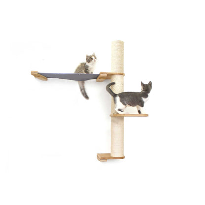 Tall natural bamboo cat tree wall with vertical scratching pole and charcoal gray canvas summit hammock.