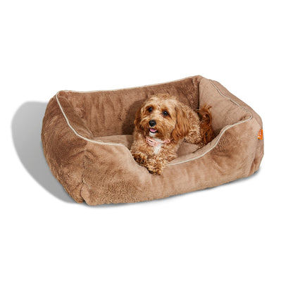 Orthopedic Bolster Dog Bed – Faux Fur, Removable Cover (Light Brown)