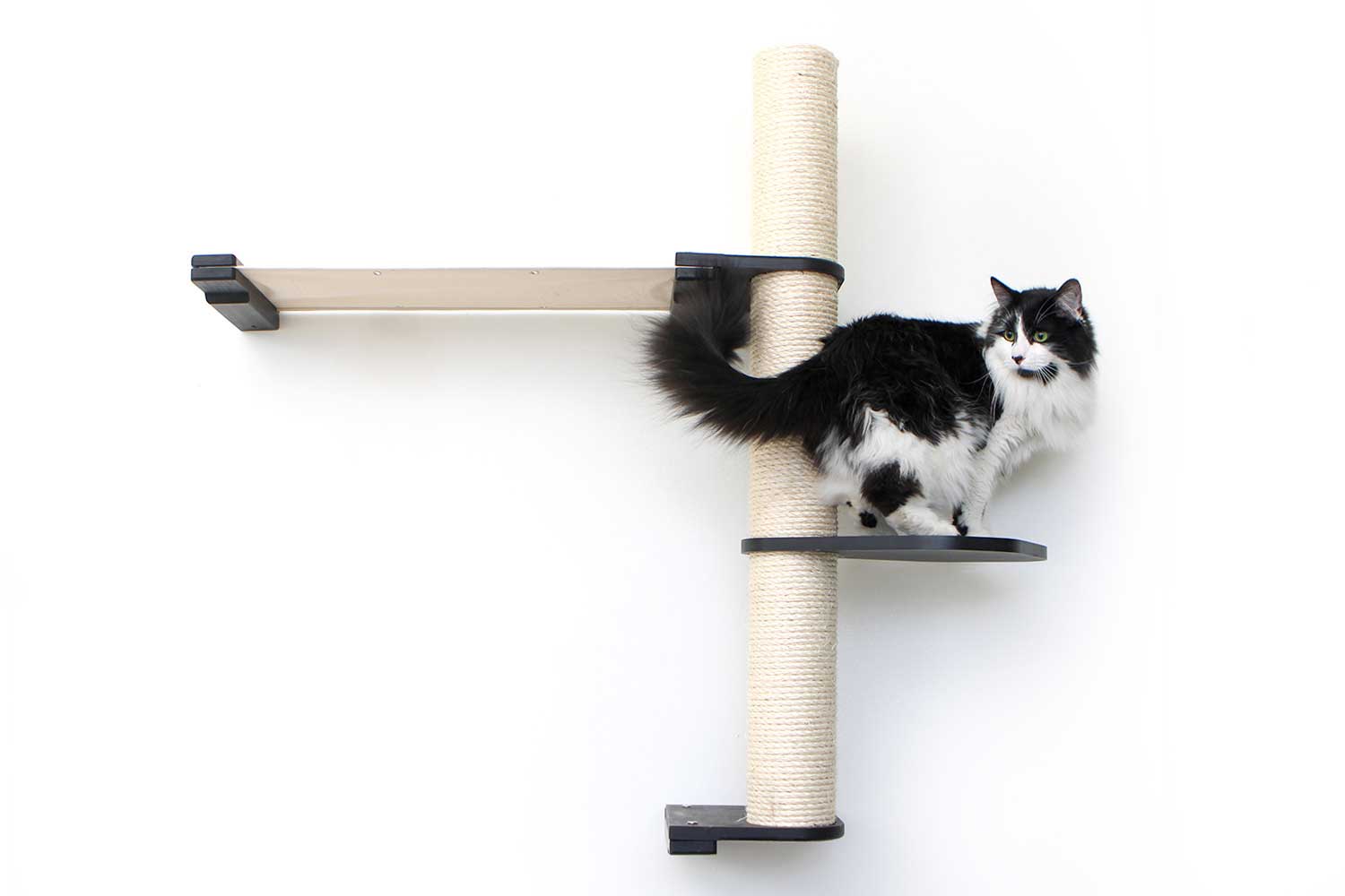 Vertical cat perch with natural bamboo scratching pole and two-tier black shelves for cat tree wall setup.