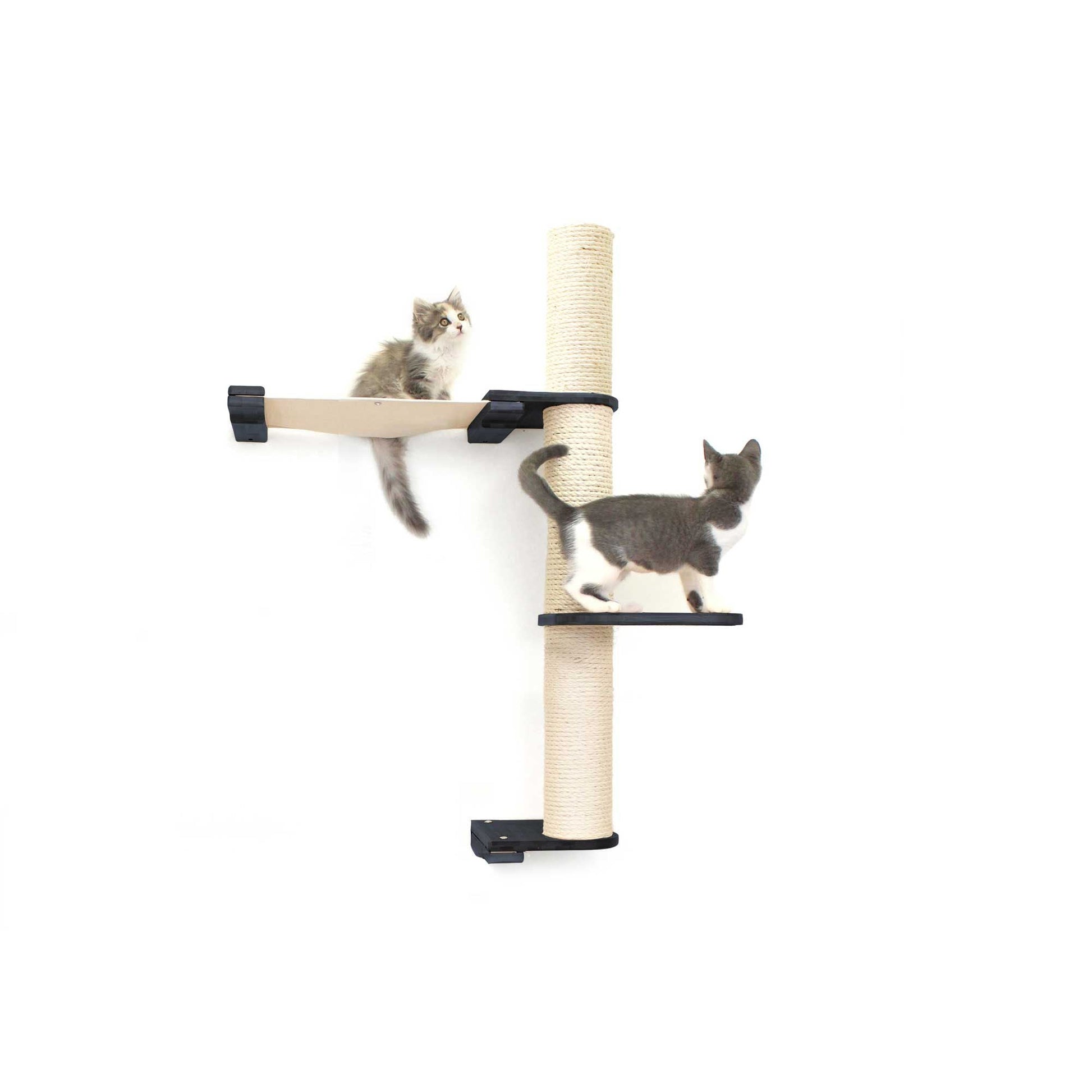 Onyx bamboo vertical cat perch with natural canvas hammock and sisal scratching poles, mounted on wall.