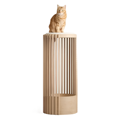 An orange tabby cat sits atop a tall, cylindrical cat tree with wooden slats.
