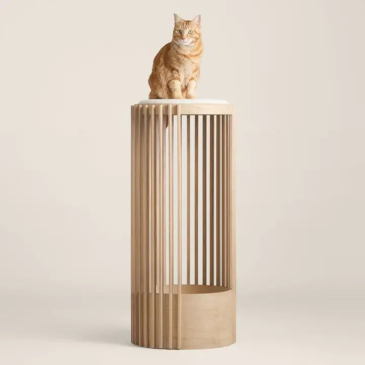 Modern Cat Tree with Faux Shearling Top & Slatted Design