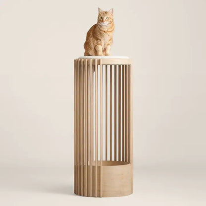 Modern Cat Tree with Faux Shearling Top & Slatted Design