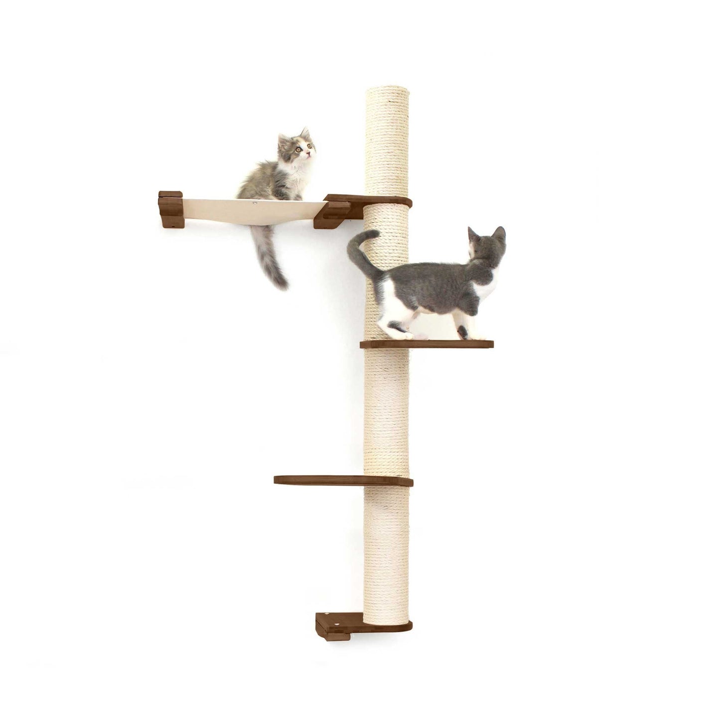 Tall cat perch with vertical scratching pole and summit hammock in natural bamboo and canvas, suitable for cat treadmill and .