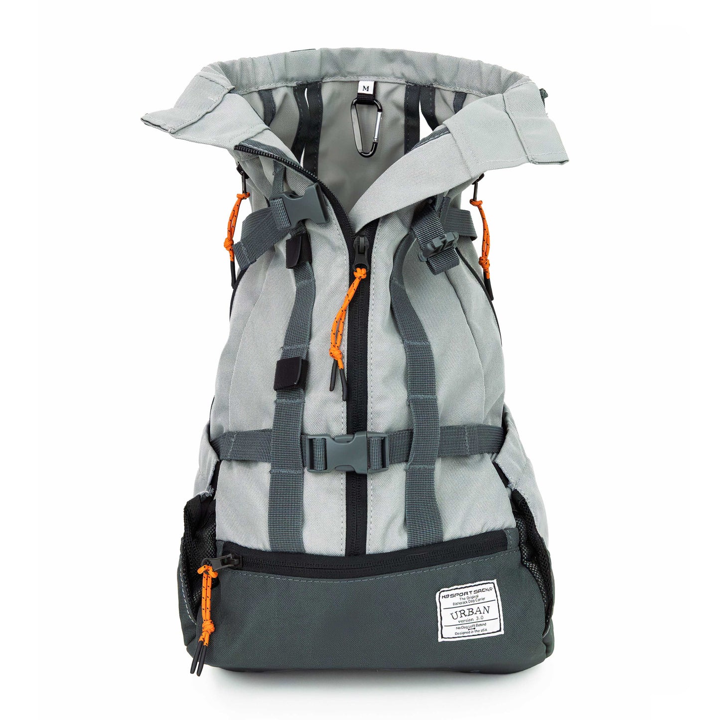 Gray dog carrier backpack.