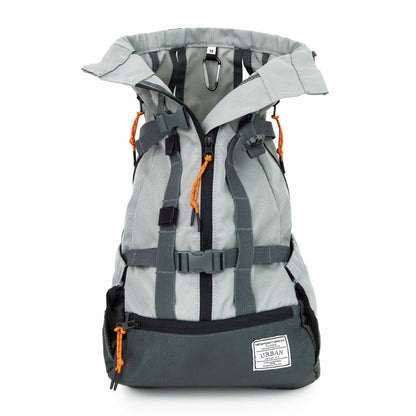 Gray dog carrier backpack.