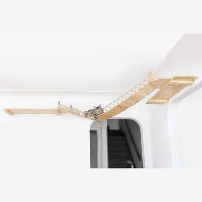 A cat lounging on a wall-mounted wooden bridge inside a house.