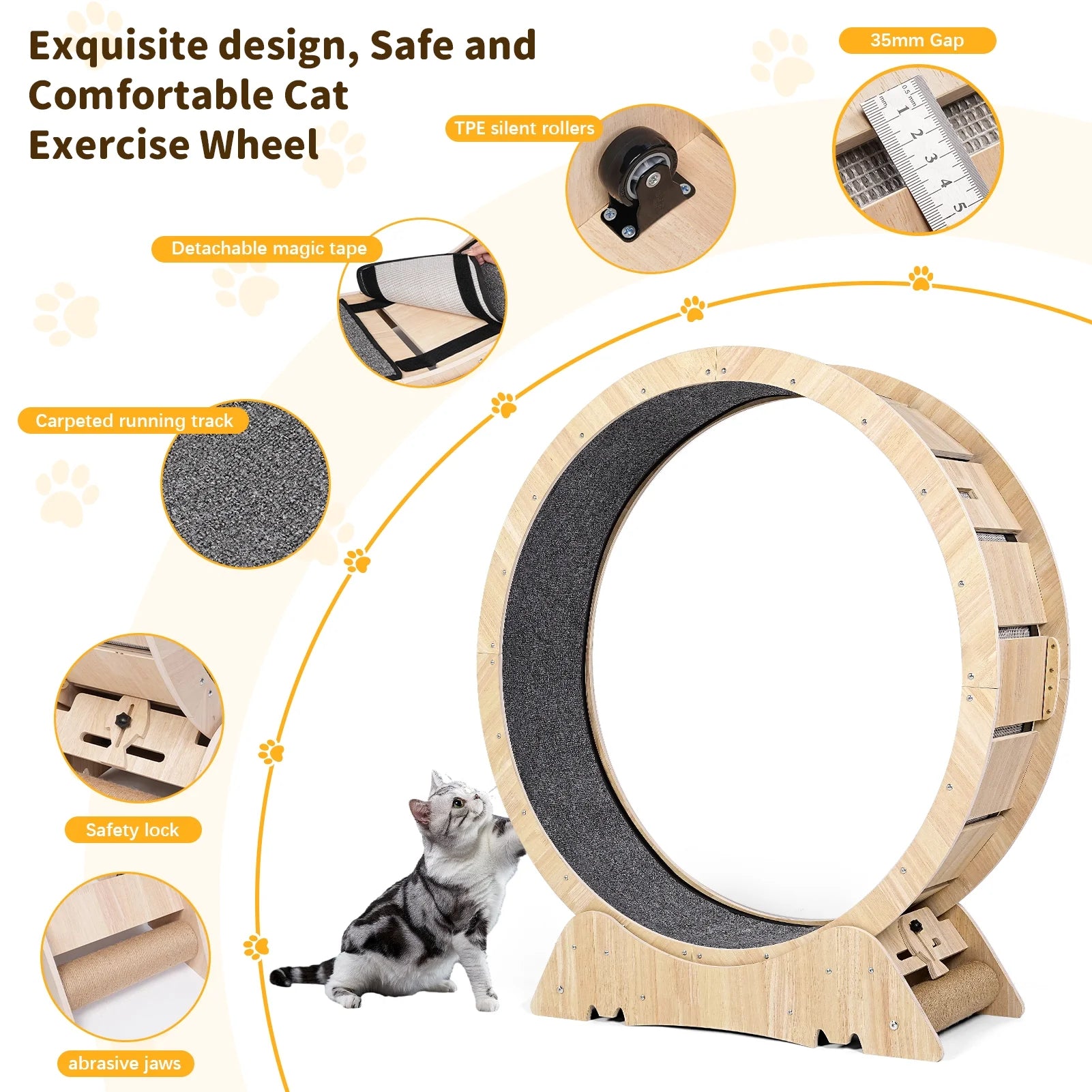 Wooden cat treadmill wheel with non-slip black running surface and sturdy base for pet exercise.