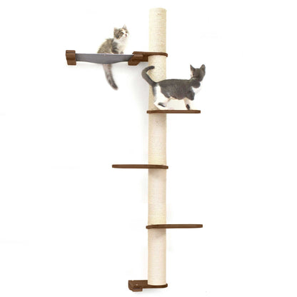 Tall cat perch with natural bamboo vertical scratching pole and dark wood platforms featuring a summit hammock with natural.