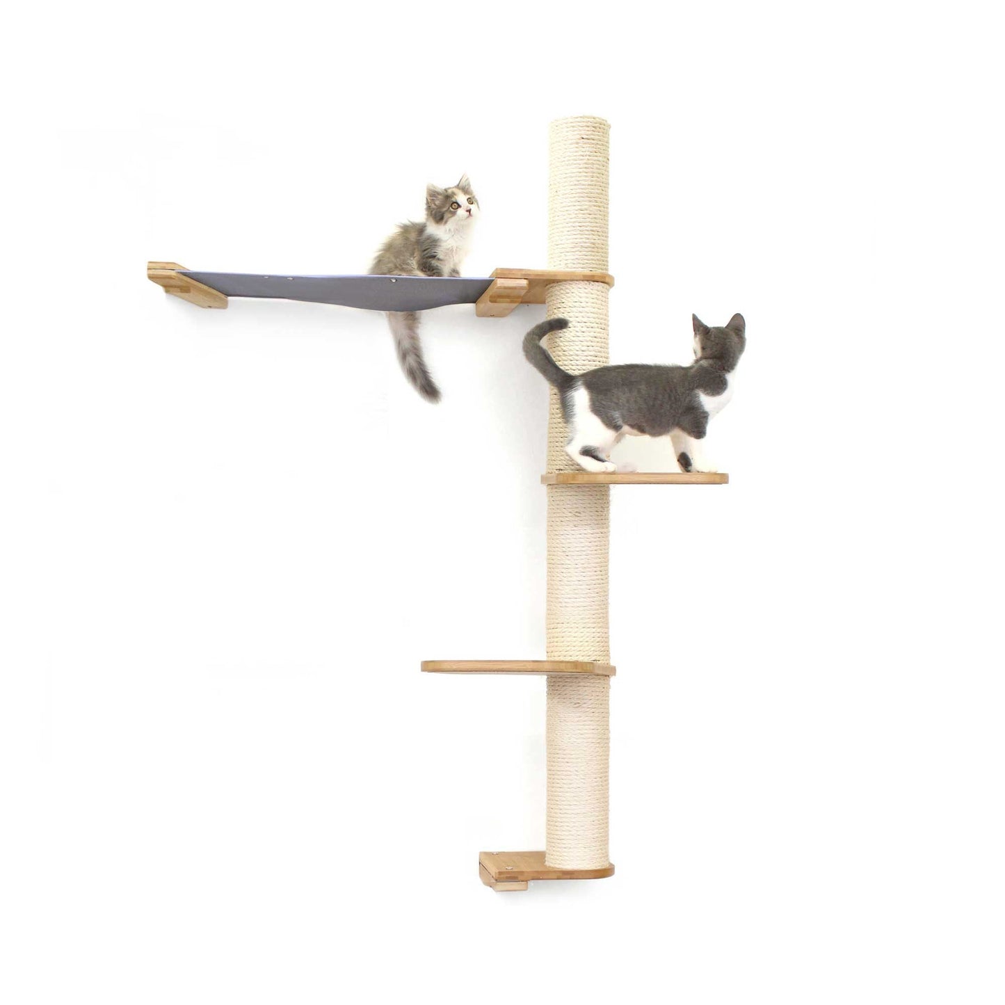 Vertical scratching pole with natural bamboo posts and charcoal gray canvas summit hammock for cats.