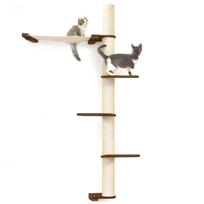 Tall cat perch with natural bamboo vertical scratching pole and summit hammock, minimalist cat tree wall design.