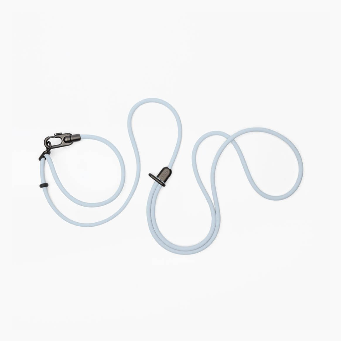 A light blue dog leash with black hardware.
