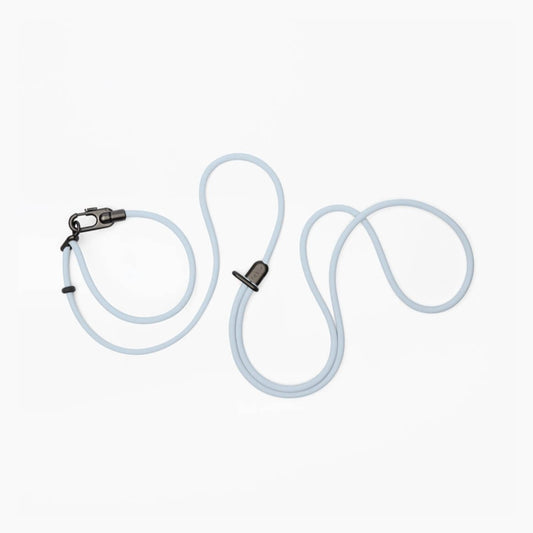 A light blue dog leash with black hardware.
