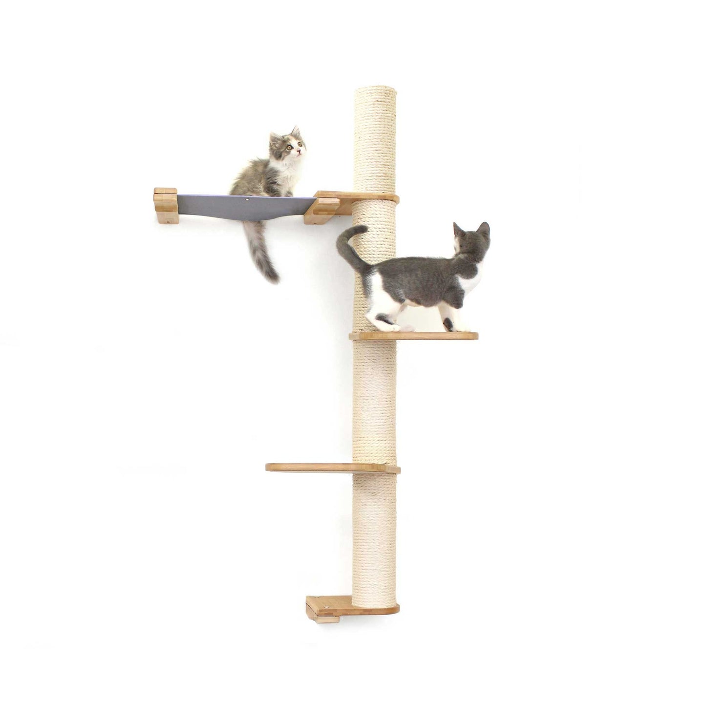 Tall cat perch with natural bamboo vertical scratching pole and summit hammock in neutral canvas, part of cat tree wall.