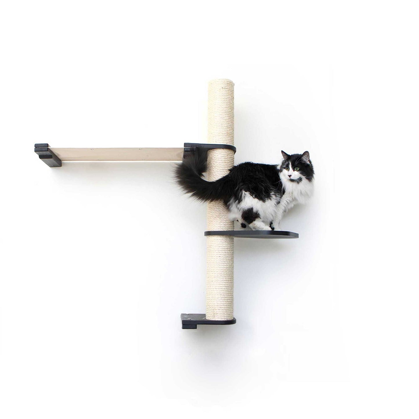 Tall cat perch with vertical scratching pole in natural bamboo and canvas, part of a cat tree wall system for cat treadmill.