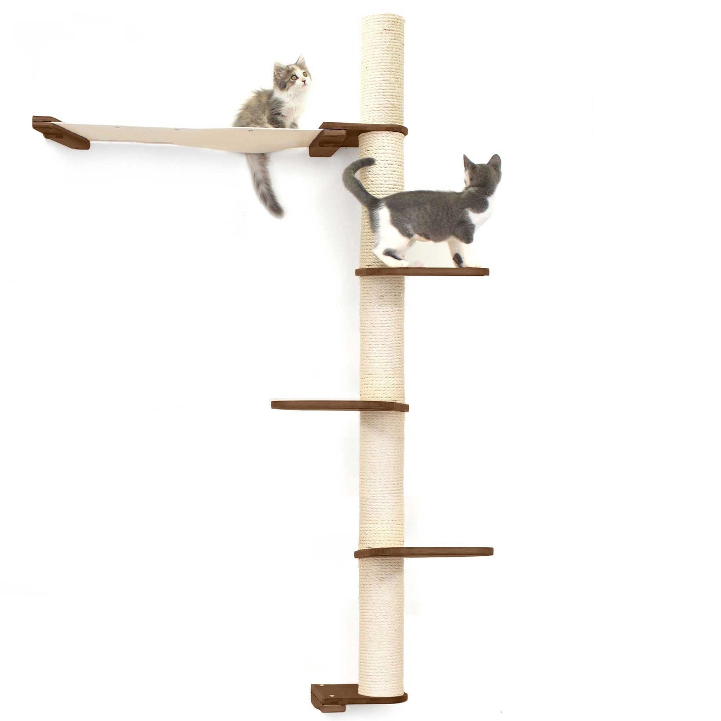 Tall cat perch with vertical scratching pole in natural bamboo and canvas, featuring multiple tiers and summit hammock for.