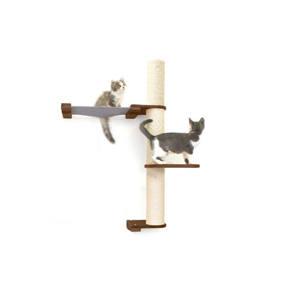 Vertical cat perch with onyx bamboo posts, natural canvas scratch areas, and two-tier platforms.