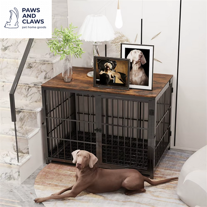 Large Wooden Dog Crate Indoor Furniture Style Elevated Pet Dog Cage Kennel End Table Lattice Playpen with 3 Doors Removable Tray