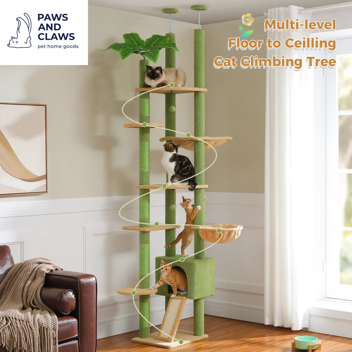 Floor-to-Ceiling Cat Tree with Green Leaves | Adjustable 81-108 inches