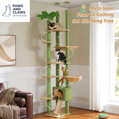 Floor-to-Ceiling Cat Tree with Green Leaves | Adjustable 81-108 inches